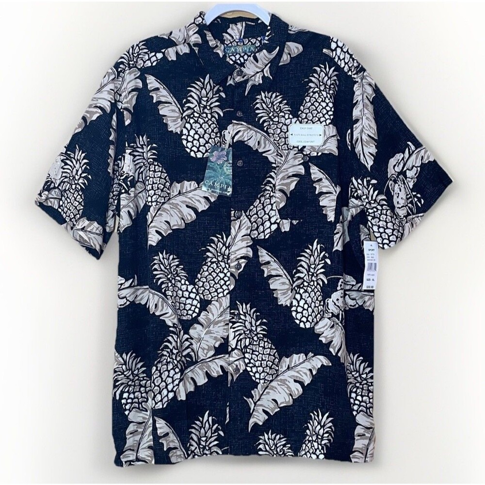 Campia Shirt XL Hawaiian Pineapple Rayon Black Tropical Aloha Camp NWT Vacation